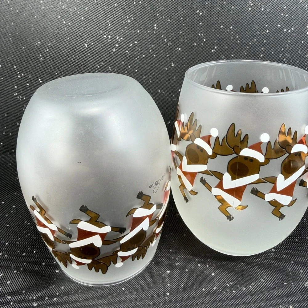 Culver Ltd Frosted Stemless Wine Glasses Dancing Reindeer Christmas Set of 2